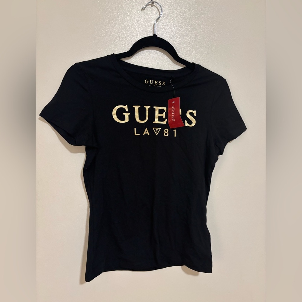 NWT GUESS Babydoll Tee Size Small Gold Metallic Letters on Black